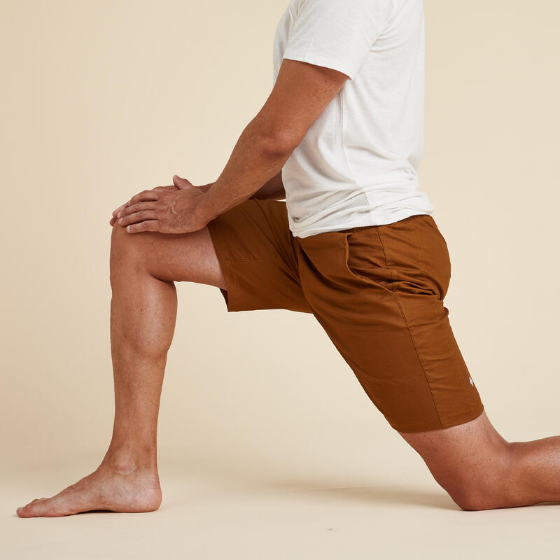 Pantalón Corto Yoga Hombre Marrón Tela Lino Y Algodón