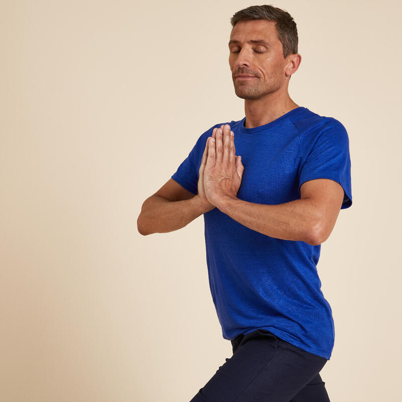 Yoga-T-shirt voor heren 100% linnen Made in France indigoblauw