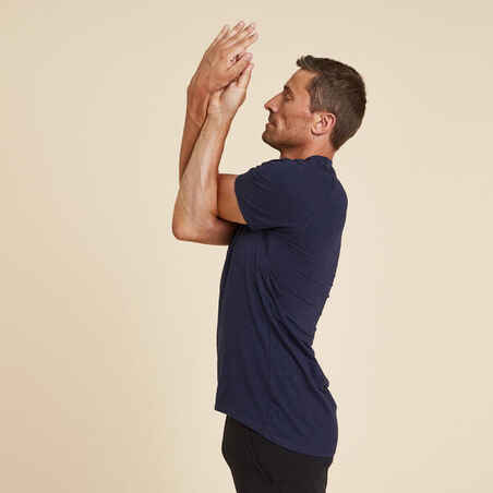 Men's Short-Sleeved Gentle Yoga T-Shirt in Natural Fabric - Navy Blue