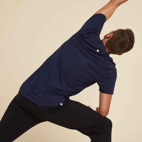 Men's Short-Sleeved Gentle Yoga T-Shirt in Natural Fabric - Navy Blue