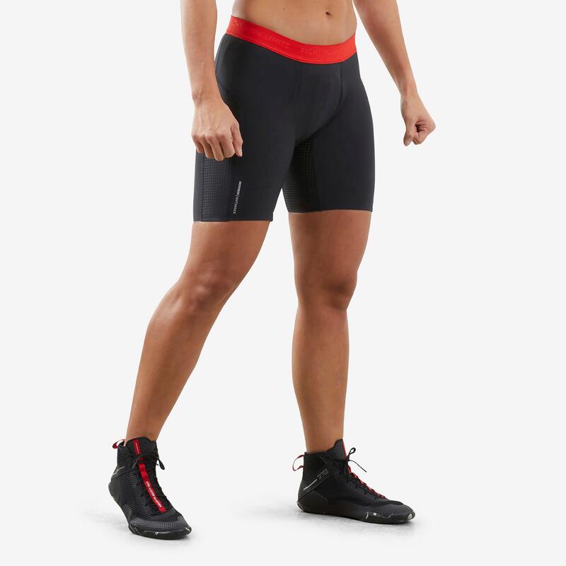 Pantaloncini donna boxe 500 protezione pelvica neri