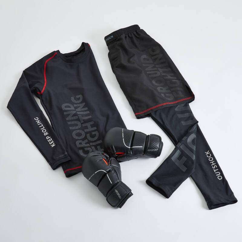 Combo, rashguard manga corta (remera de compresión), short de kick boxing,  protectores tibiales y guantes 14OZ.