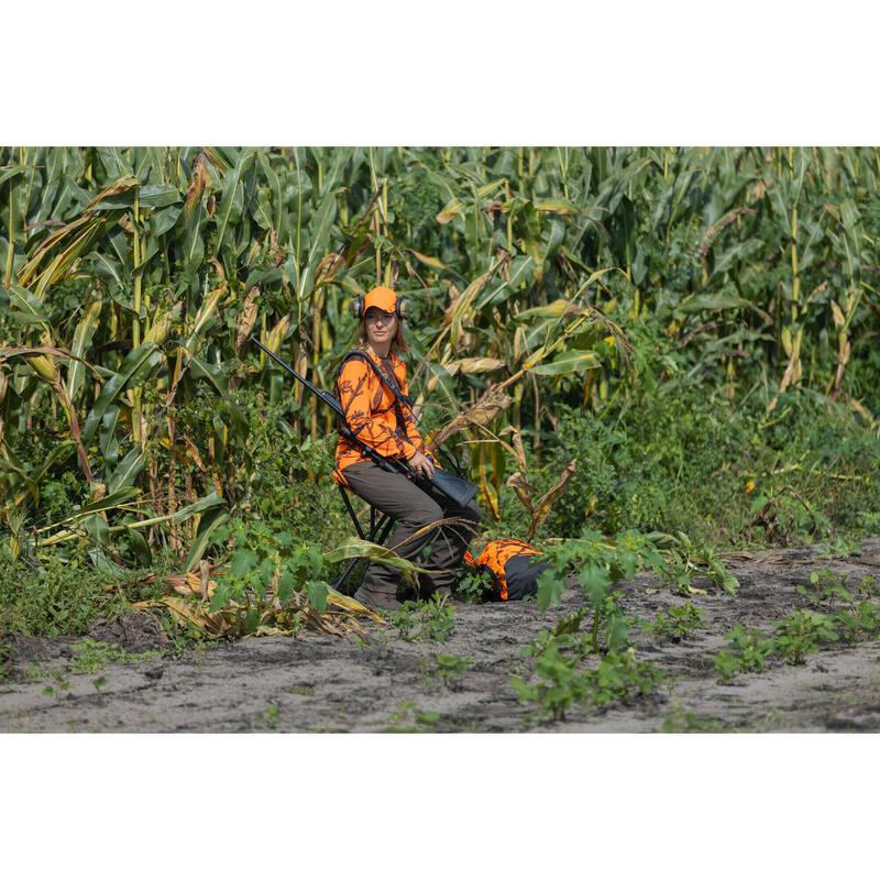 Jagdshirt langarm 500 Damen geräuscharm atmungsaktiv camouflage/orange 