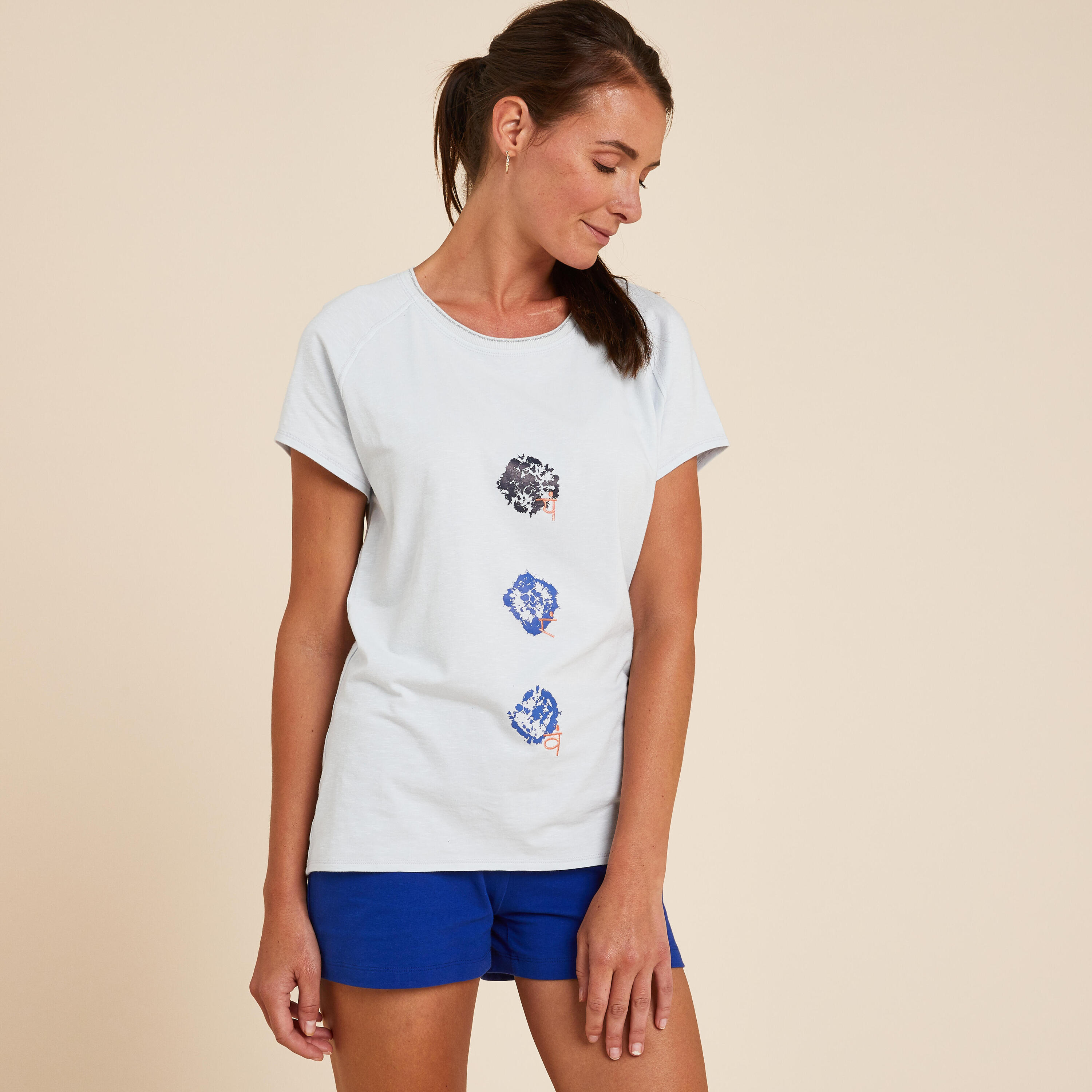 KIMJALY Women's Eco-Friendly Gentle Yoga T-Shirt - Blue Print/Indigo