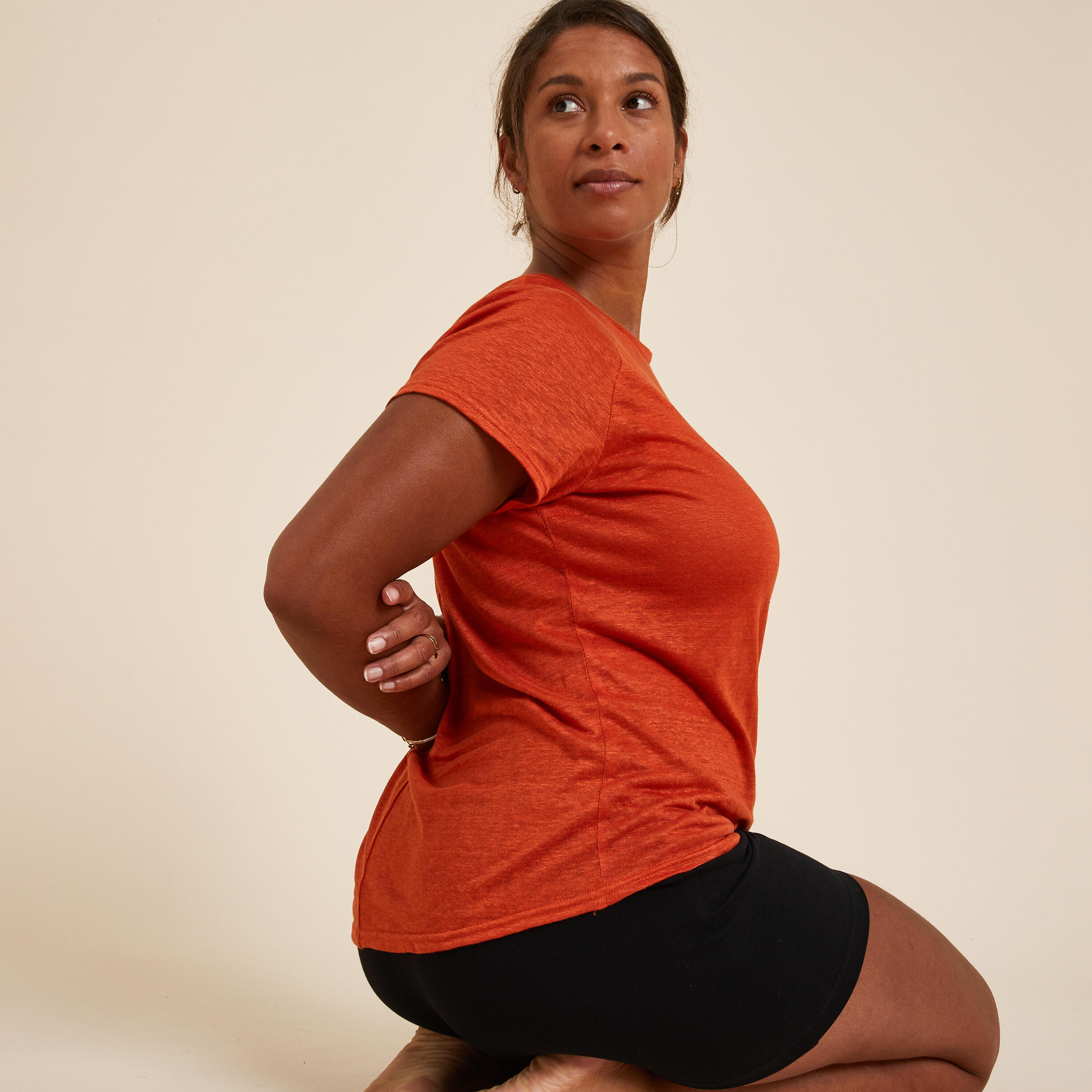 Women's 100% Linen Yoga T-Shirt Made in France - Brick 2/9