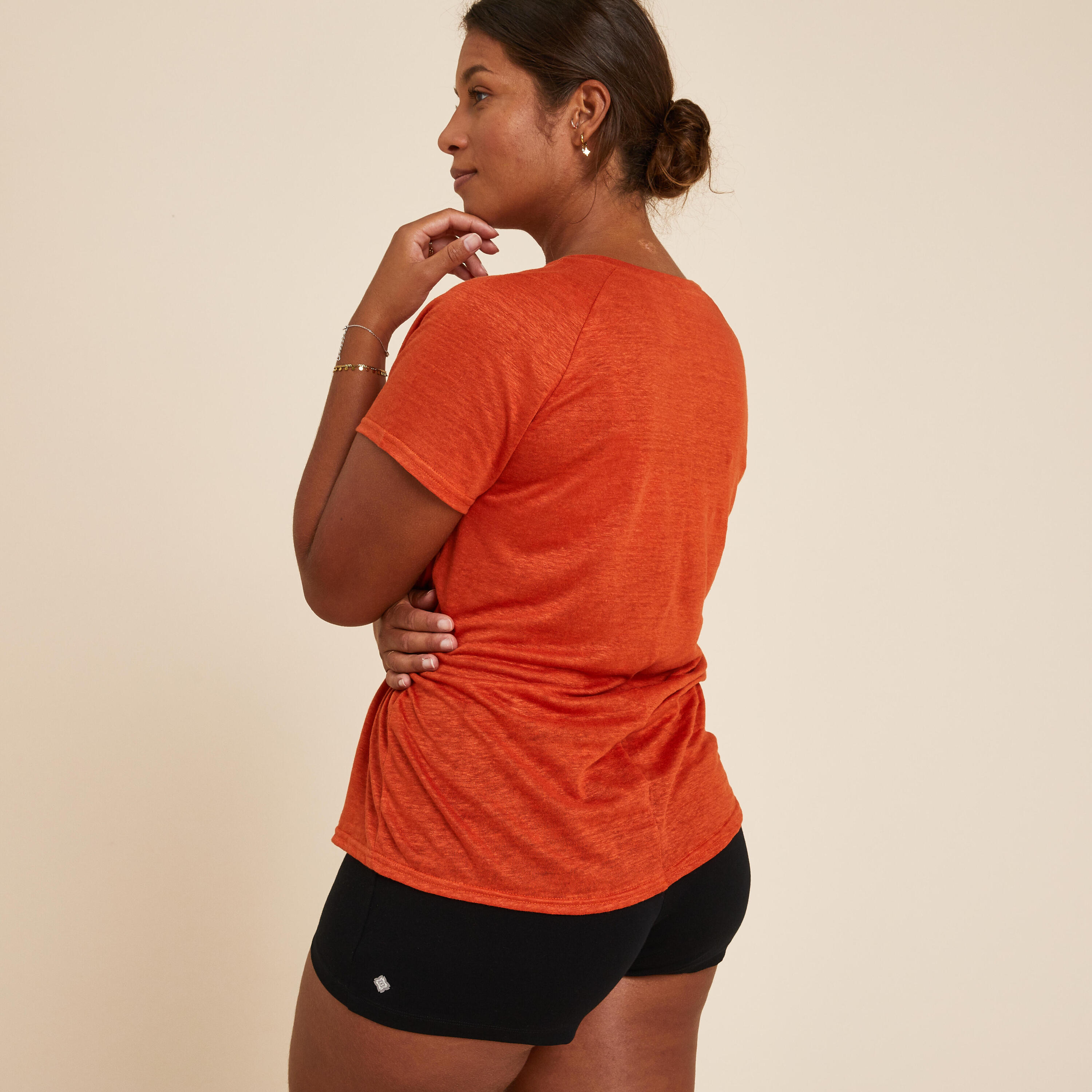 Women's 100% Linen Yoga T-Shirt Made in France - Brick 3/9
