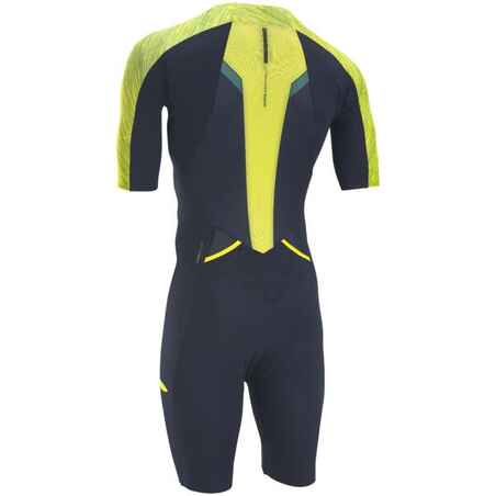 Vyriškas ilgų nuotolių triatlono kostiumas, tamsiai mėlynas, žaliųjų citrinų