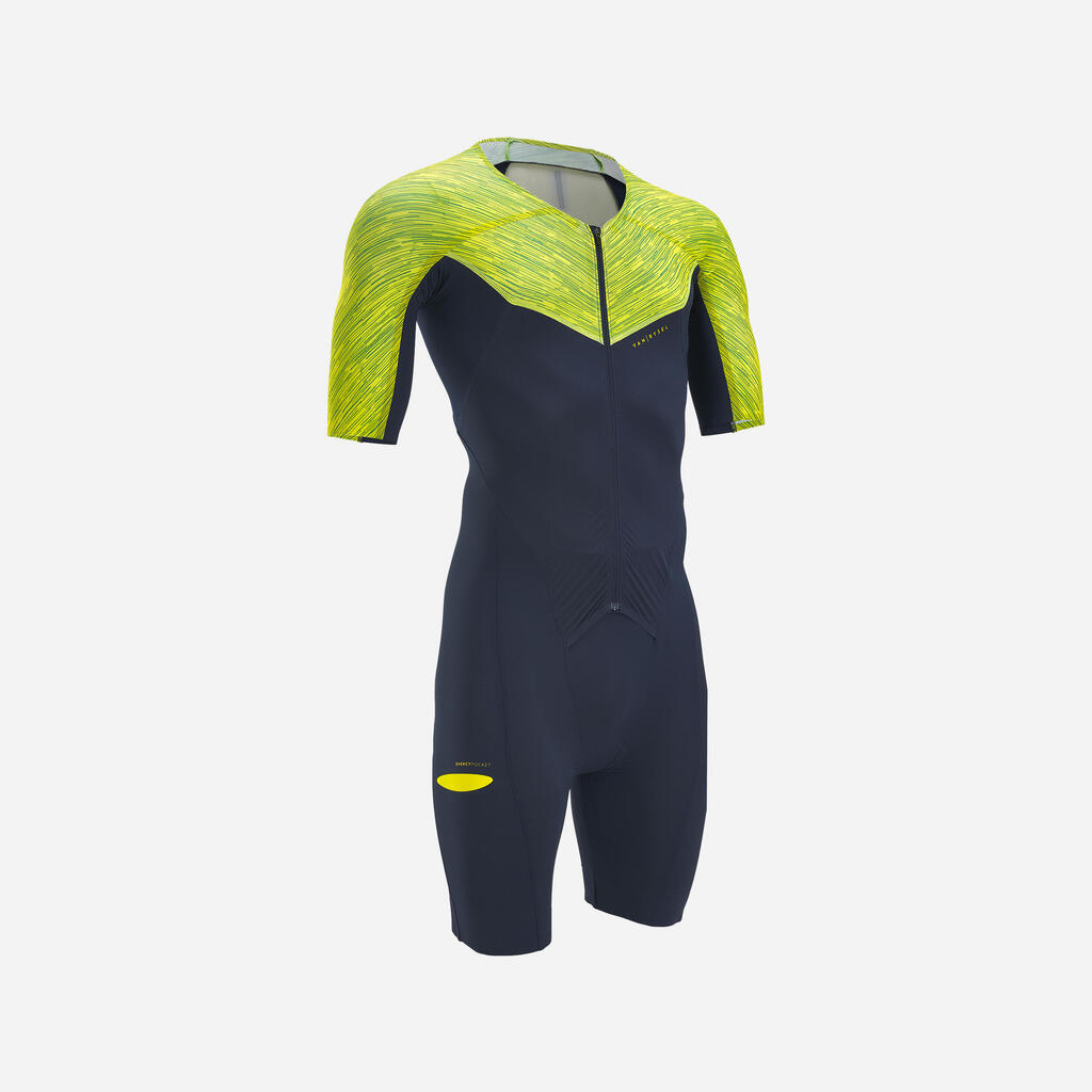 Vīriešu garo distanču triatlona tērps “Trisuit”, tumši zils/laima