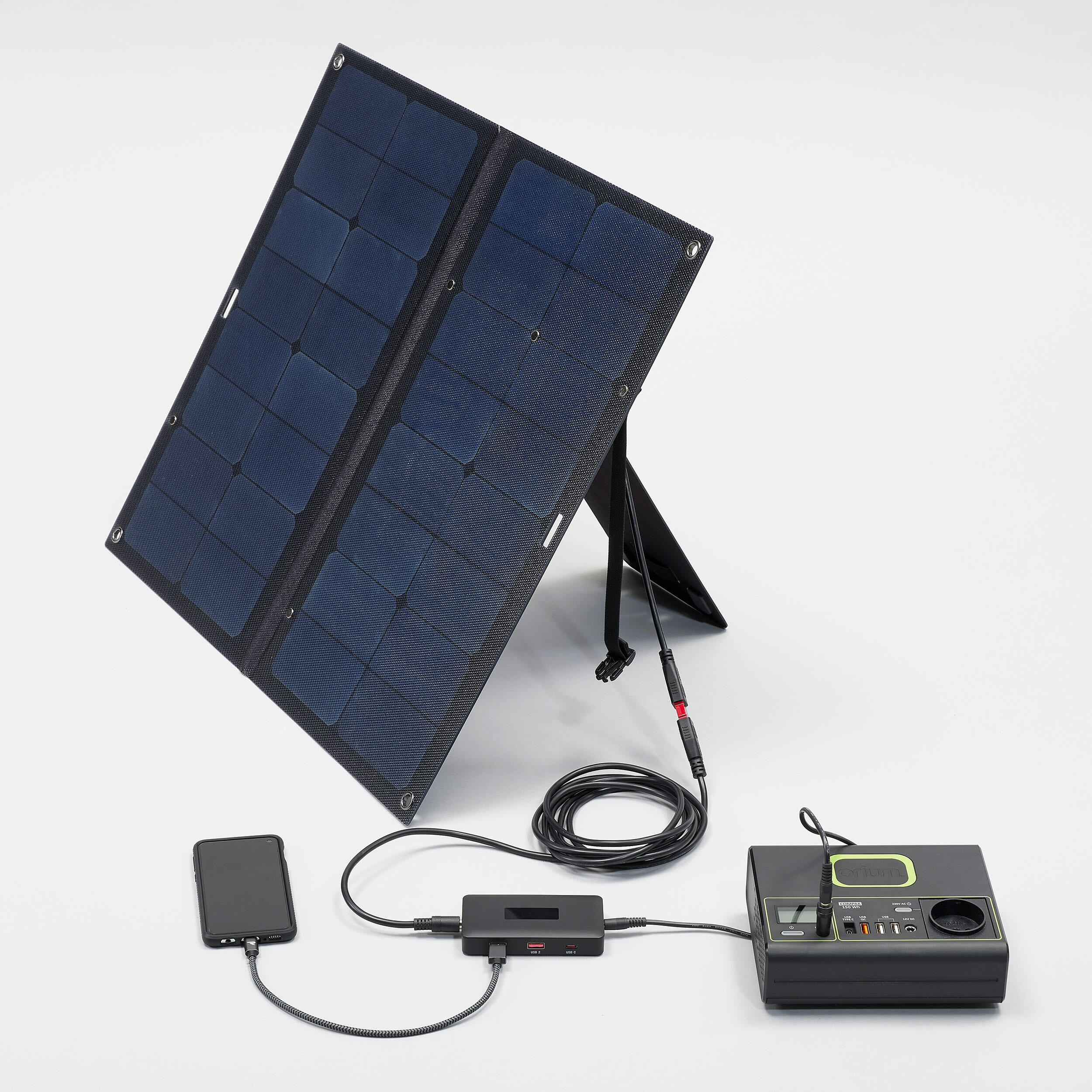 Pannello solare e power bank collegato a una batteria portatile.