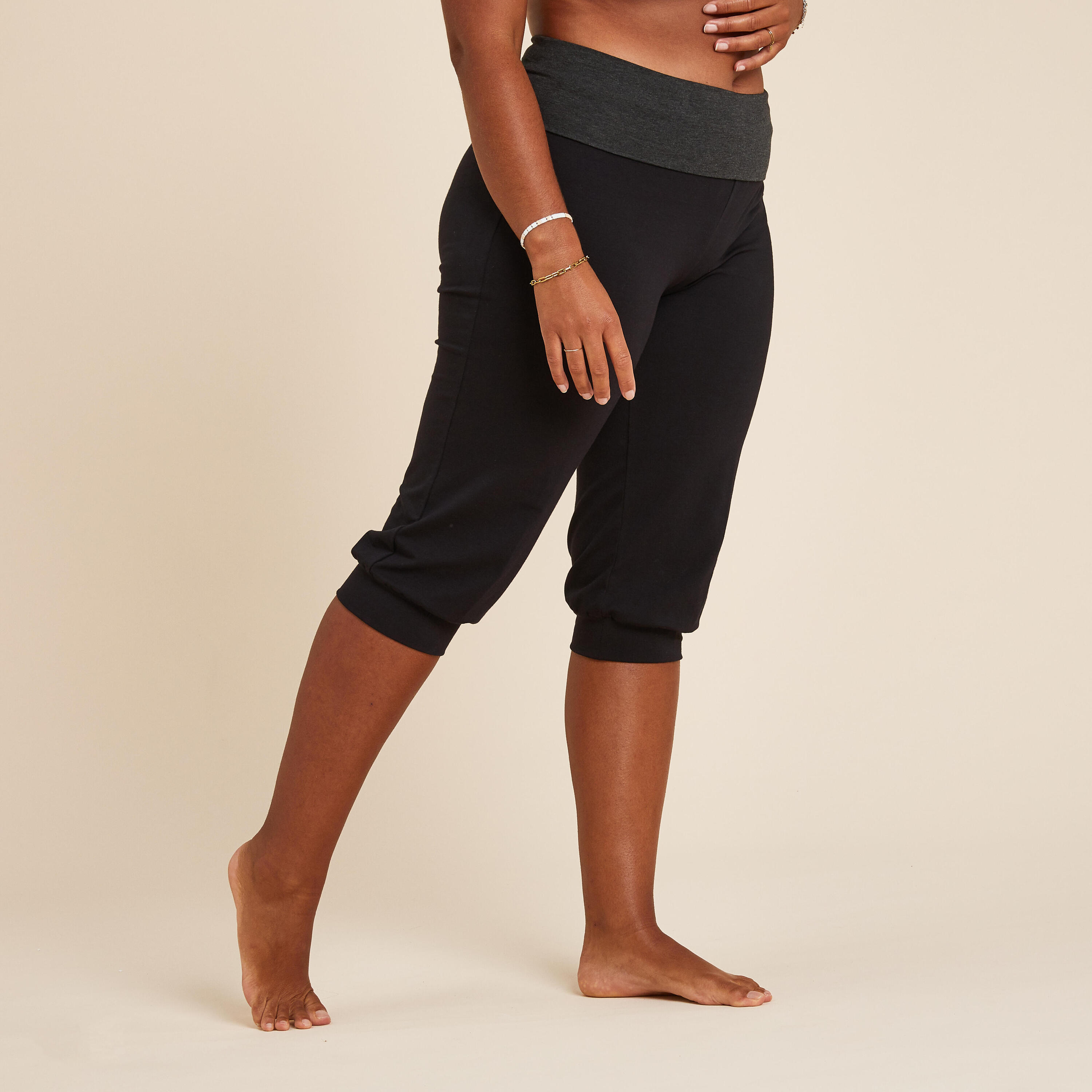 Women's Cotton Yoga Cropped Bottoms - Black/Grey 3/5