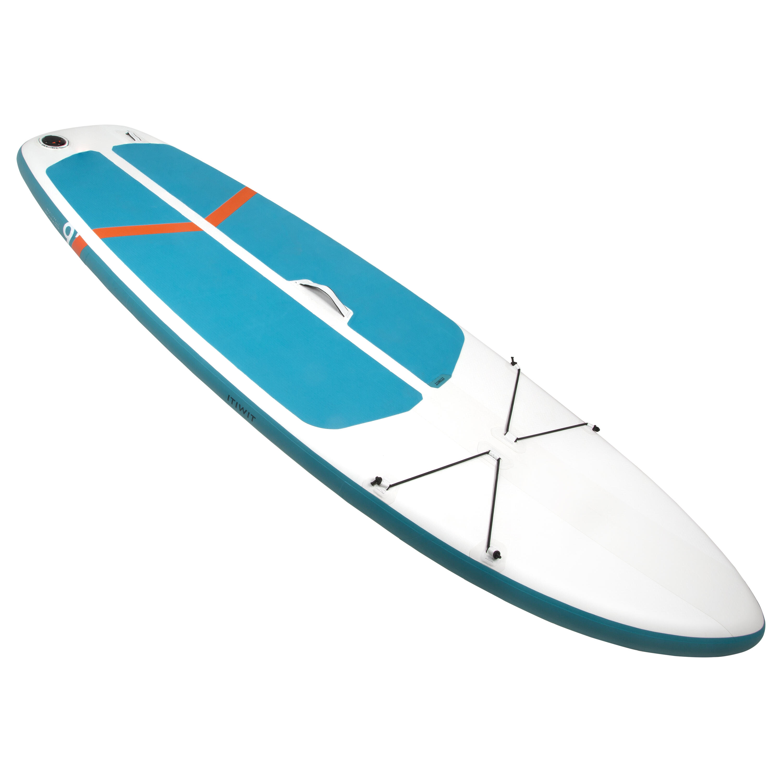 100 COMPACT 9FT (M) INFLATABLE STAND-UP PADDLEBOARD - WHITE AND GREEN (80kg) 4/29