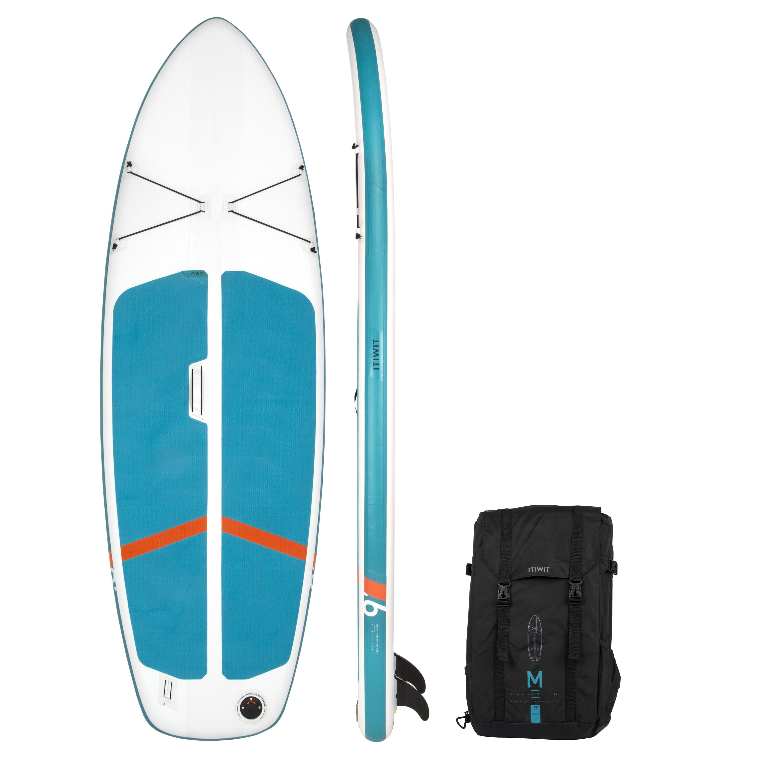 100 COMPACT 9FT (M) INFLATABLE STAND-UP PADDLEBOARD - WHITE AND GREEN (80kg) 1/29