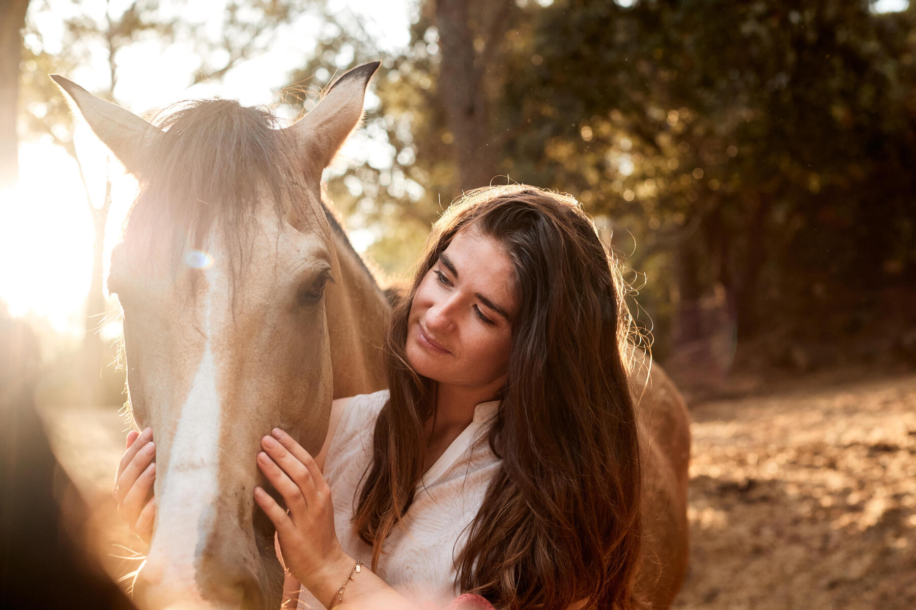 Cavalière qui vient vérifier l'état de son cheval au pré avant de lui faire ses soins