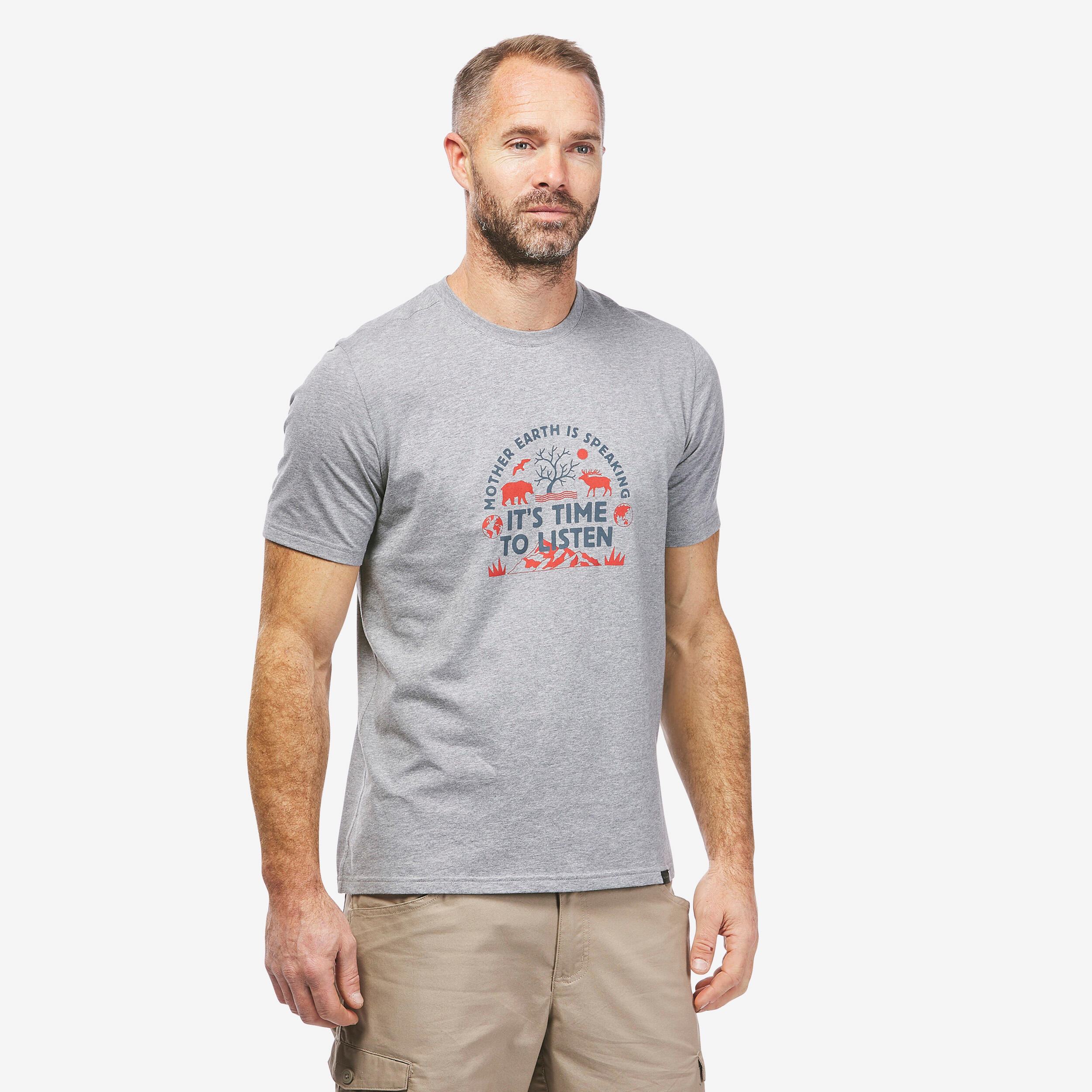 Men’s Hiking T-Shirt - NH 100 - Grey, Red - Quechua - Decathlon