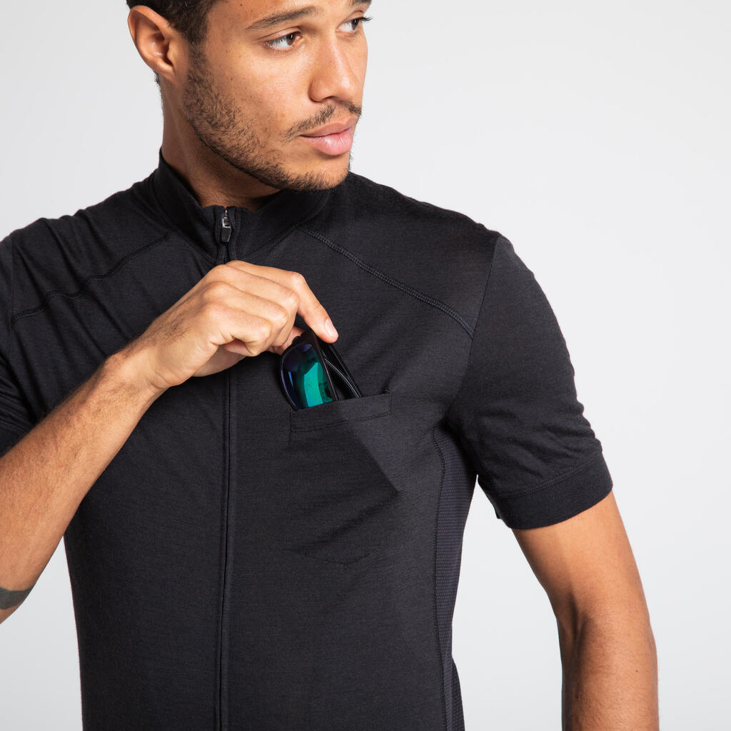 Men's Merino Short-Sleeved Cycling Jersey GRVL900 - Black