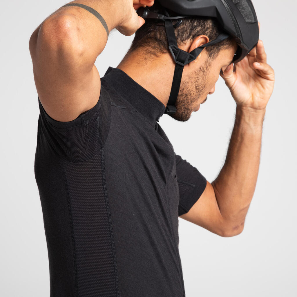 Vīriešu riteņbraukšanas merīnvilnas īspiedurkņu džersijs “GRVL900”, melns