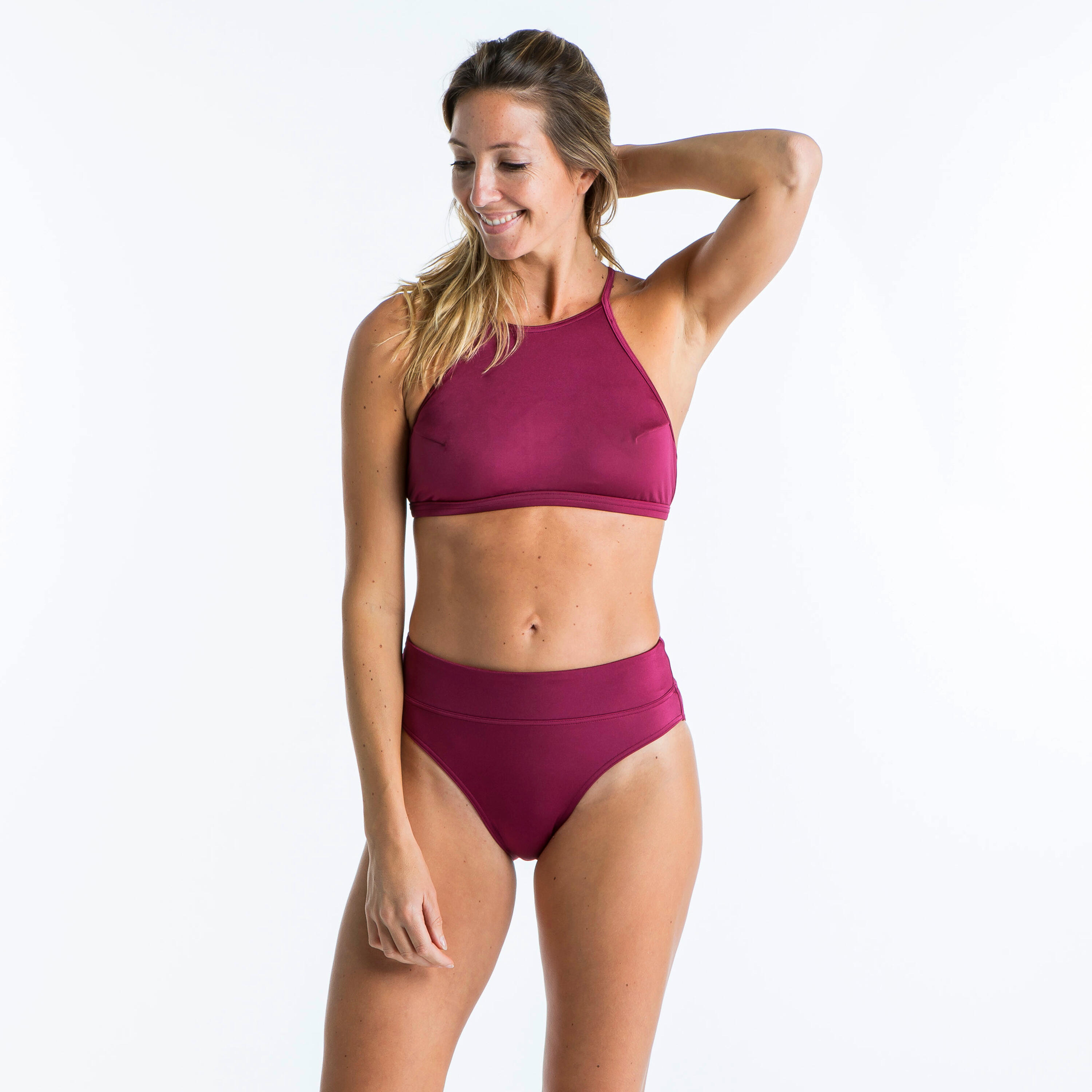 Women's Surfing Swimsuit Crop Top with Open Back ANDREA - BURGUNDY RED 2/10