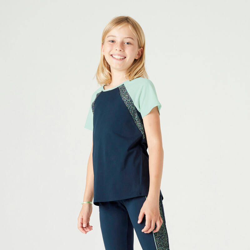T-shirt bambina ginnastica S500 morbido poliestere blu con stampa