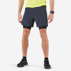 Short 2 en 1 de running Homme - KIPRUN Run 500 Confort Gris carbone
