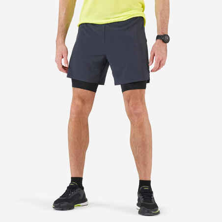 Short de running con mallas 2 en 1 gris con negro para hombre Kiprun