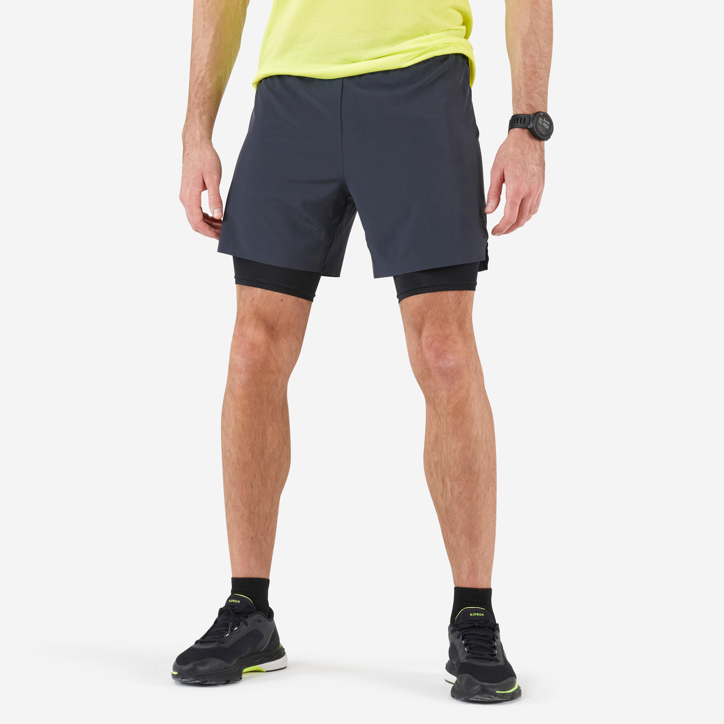 KIPRUN PANTALONCINI DA CORSA DA UOMO 2 IN 1 GRIGIO NERO