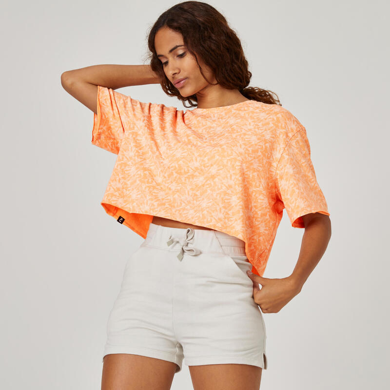 T-shirt crop top fitness manches courtes droit col rond coton femme - 520 orange