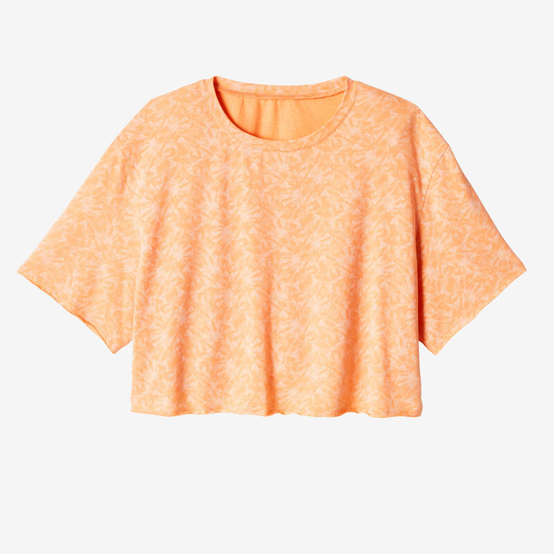 Cropped T-shirt voor fitness dames 520 oranje met print