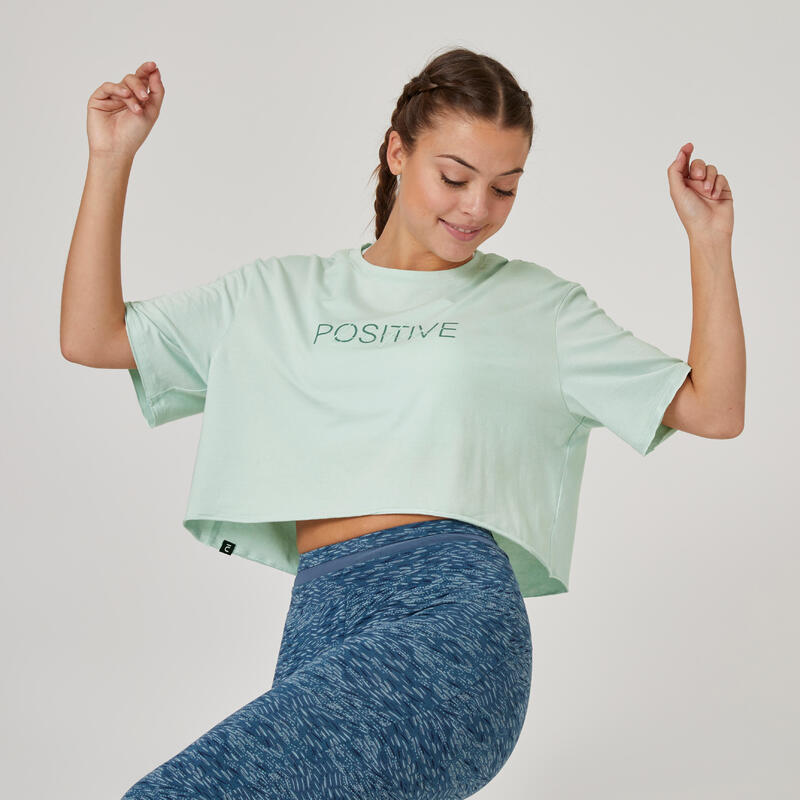T-Shirt Crop Top 520 Fitness kurzarm gerader Schnitt Rundhalsausschnitt Baumwolle Damen grün