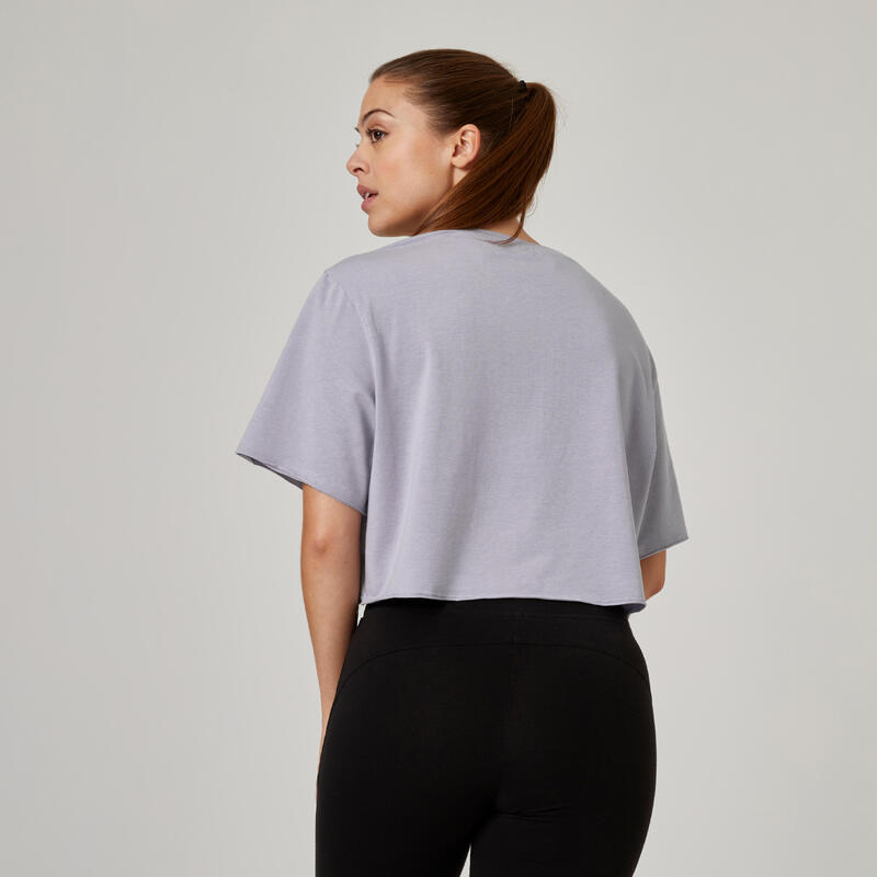T-shirt crop top donna fitness 520 misto cotone lilla con stampa