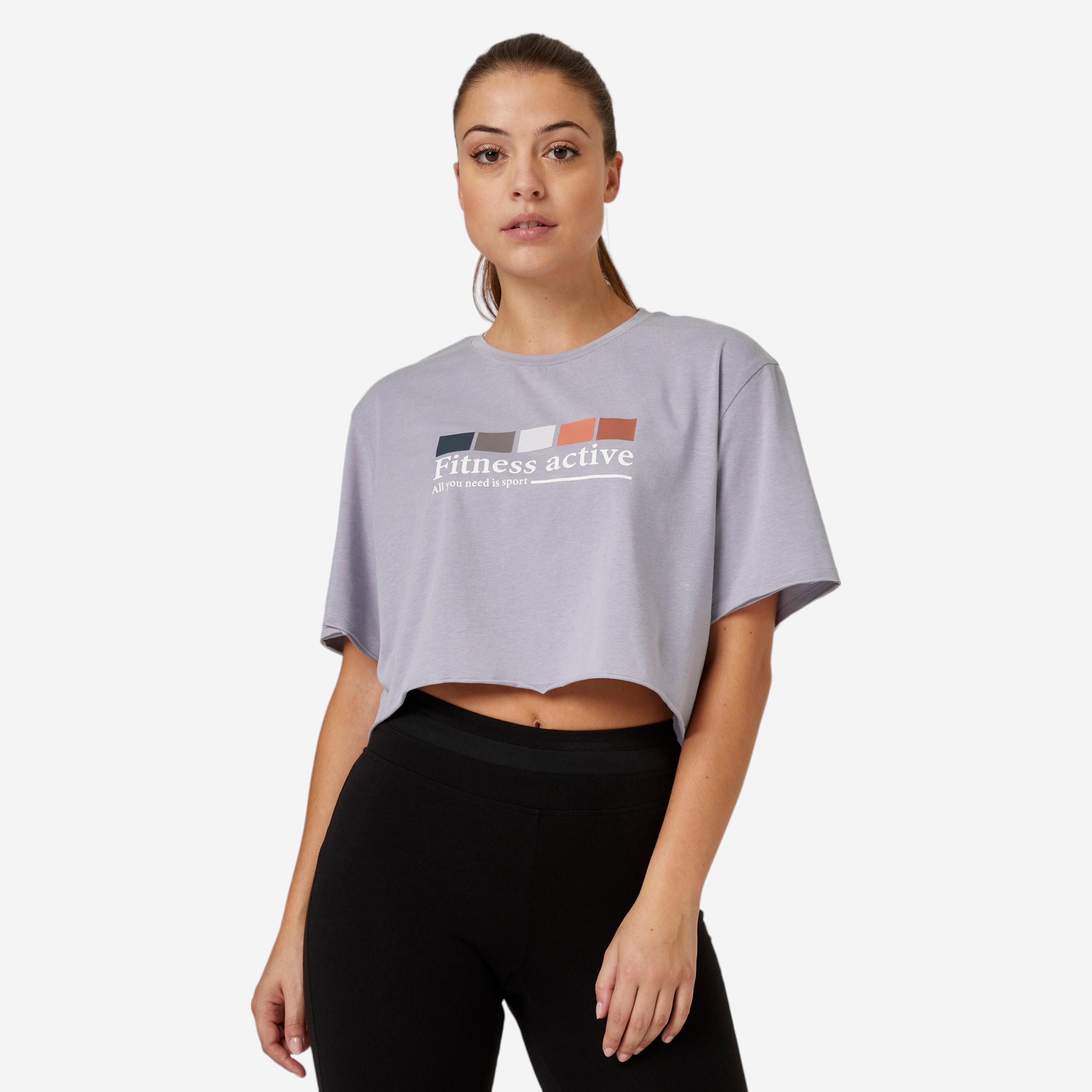 DOMYOS Dámske crop tričko na fitnes- 520 fialové XL