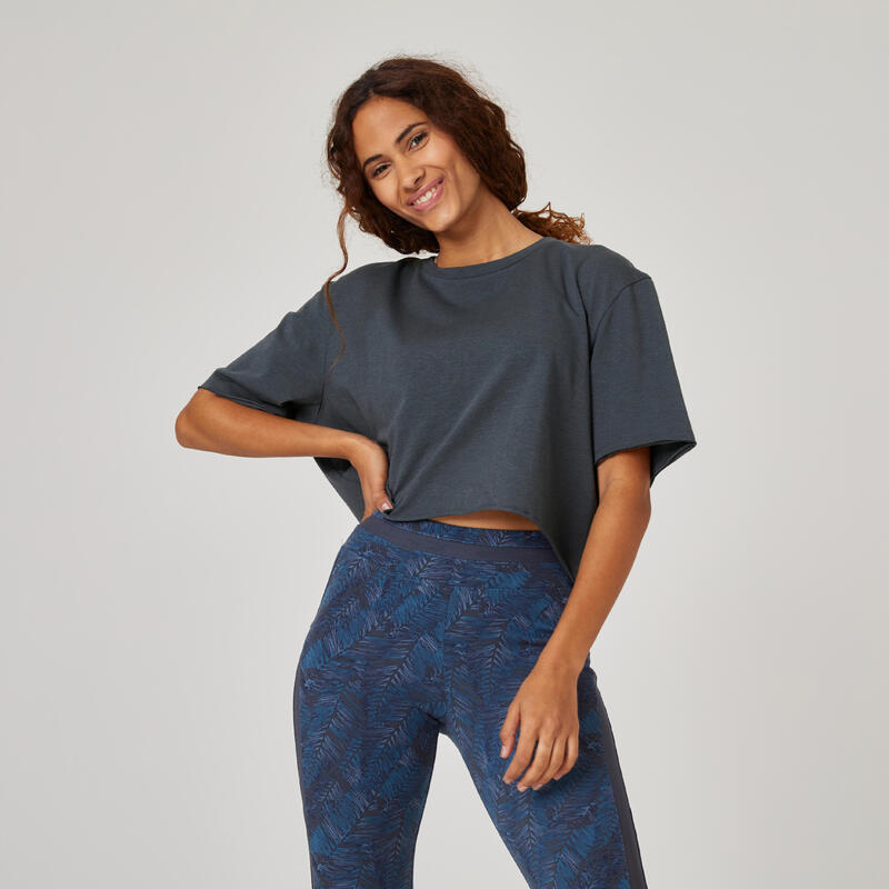 T-shirt crop top fitness manches courtes col rond coton femme - 520 gris abysses