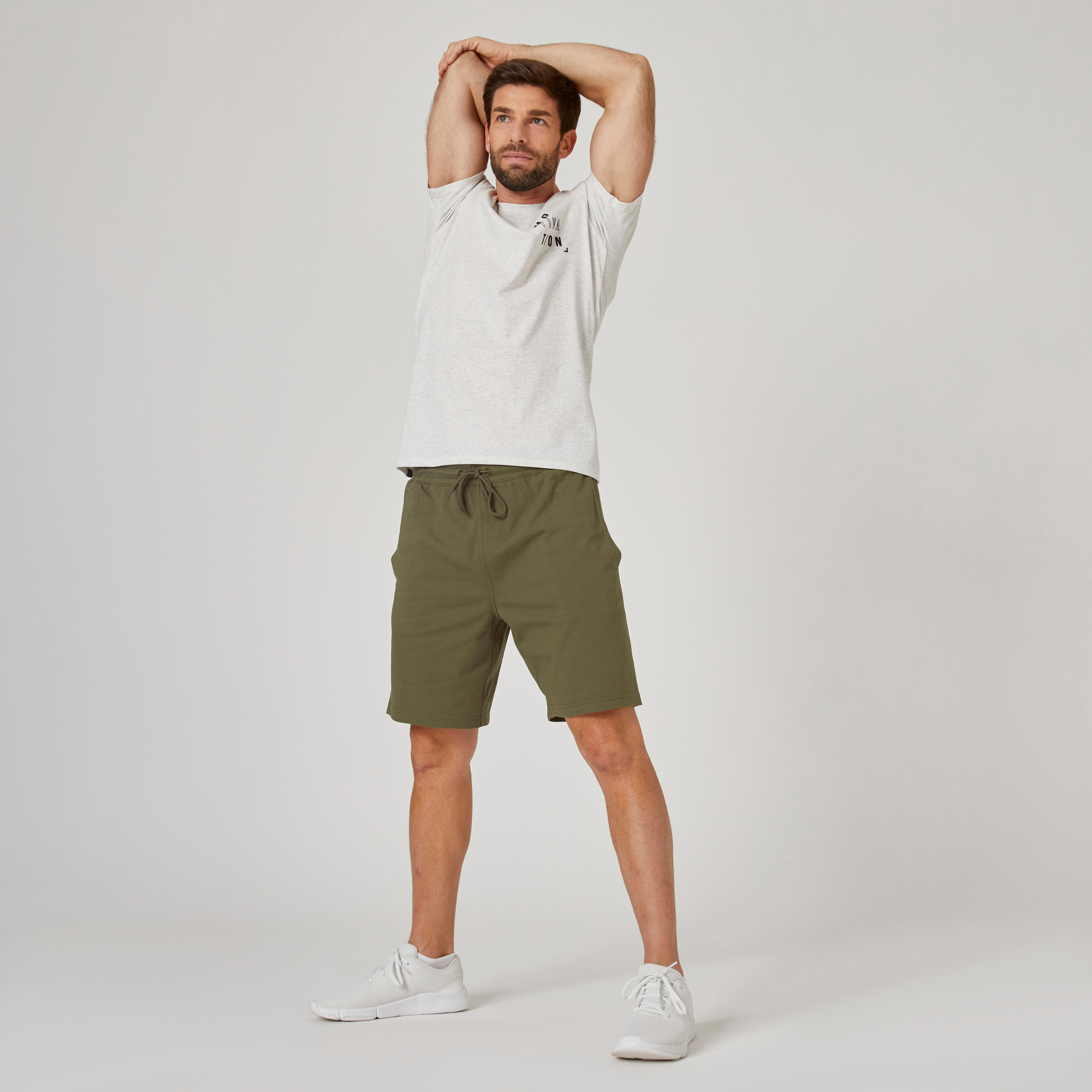 Men's Straight-Cut Cotton Fitness Shorts Essentials With Pocket - Khaki -  Decathlon