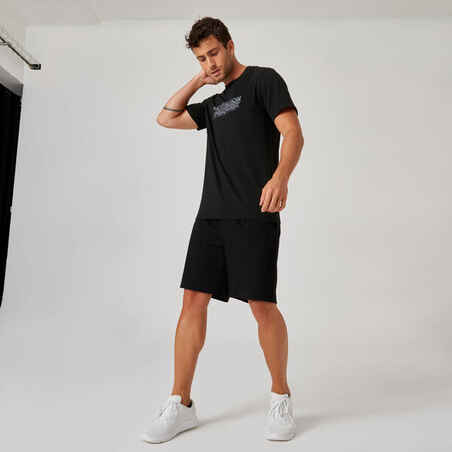 Men's Short-Sleeved Fitted-Cut Crew Neck Cotton Fitness T-Shirt 500 - Black Print