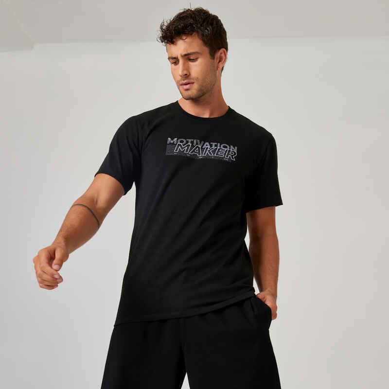 Men's Short-Sleeved Fitted-Cut Crew Neck Cotton Fitness T-Shirt 500 - Black Print