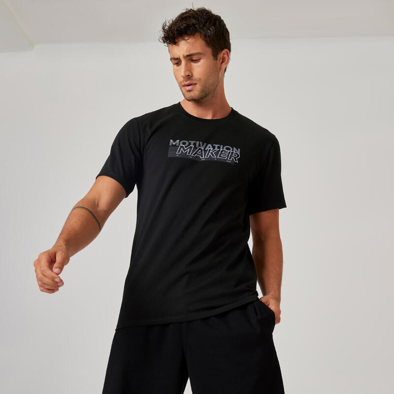 T-shirt fitness manches courtes slim coton extensible col rond homme noir -  Decathlon Cote d'Ivoire