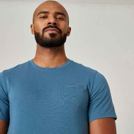 Men's Short-Sleeved Fitted-Cut Crew Neck Cotton Fitness T-Shirt 500 - Teal Grey