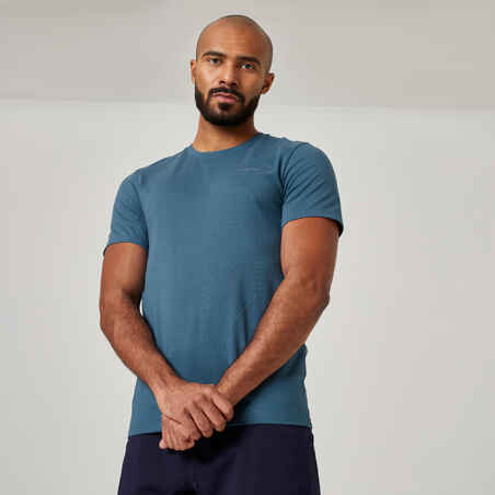 Men's Short-Sleeved Fitted-Cut Crew Neck Cotton Fitness T-Shirt 500 - Teal Grey