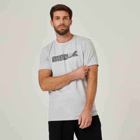 Men's Short-Sleeved Fitted-Cut Crew Neck Cotton Fitness T-Shirt 500 - Pale Grey