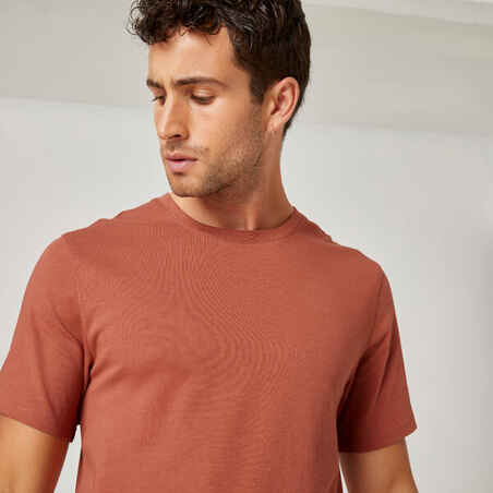Men's Short-Sleeved Fitted-Cut Crew Neck Cotton Fitness T-Shirt 500 - Sepia