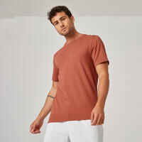 Men's Short-Sleeved Fitted-Cut Crew Neck Cotton Fitness T-Shirt 500 - Sepia