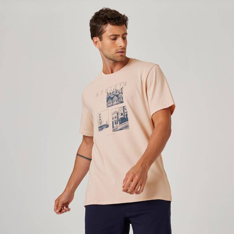 Camiseta fitness manga corta algodón extensible Hombre Domyos 500 rosa