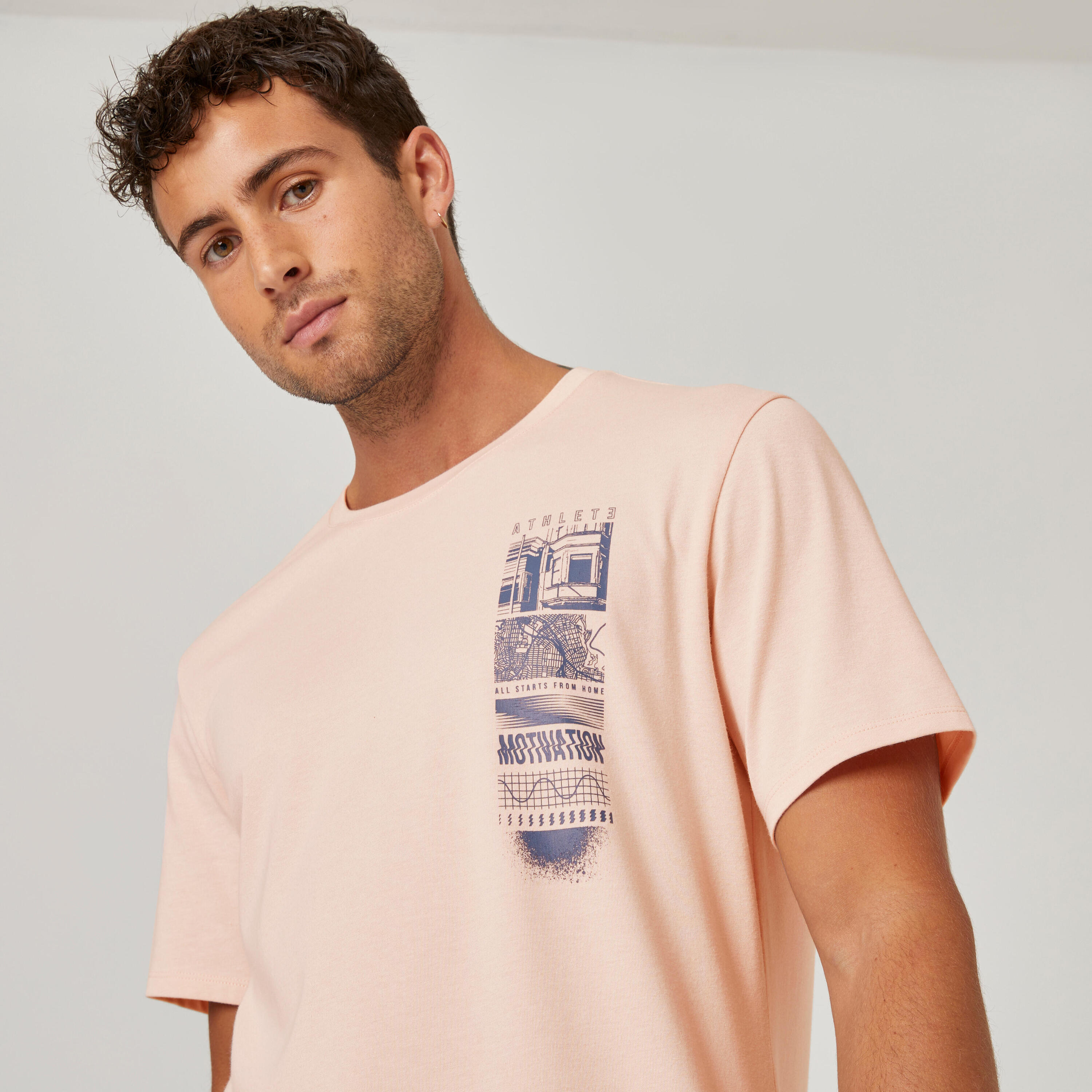 Men's Short-Sleeved Straight-Cut Crew Neck Cotton Fitness T-Shirt 500 - Pink Print 4/6