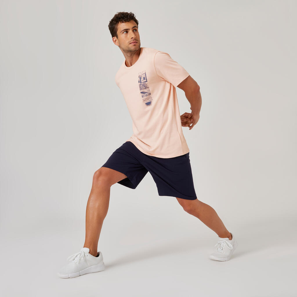 Men's Short-Sleeved Straight-Cut Crew Neck Cotton Fitness T-Shirt 500 - Pink Print