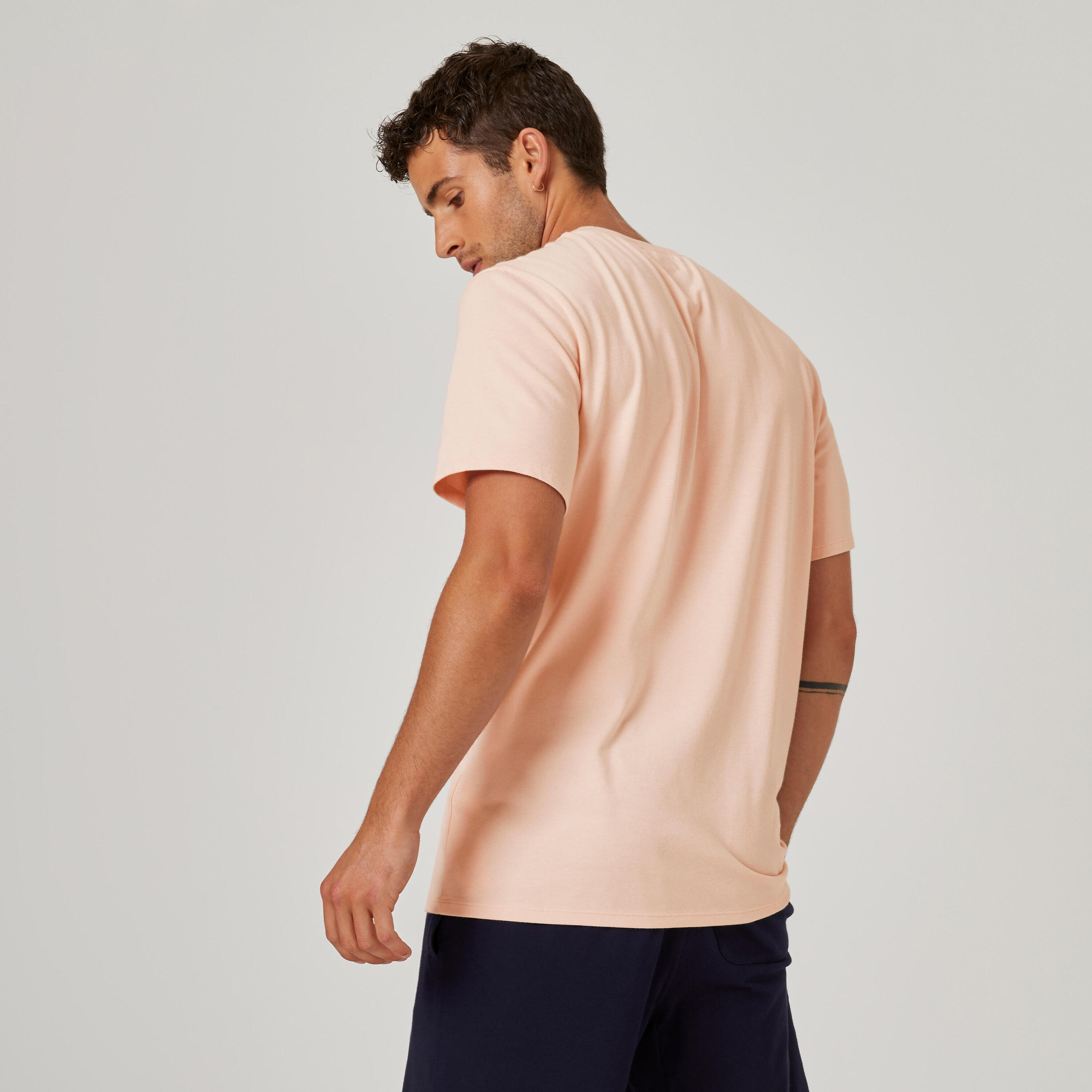 Men's Short-Sleeved Straight-Cut Crew Neck Cotton Fitness T-Shirt 500 - Pink Print 2/6