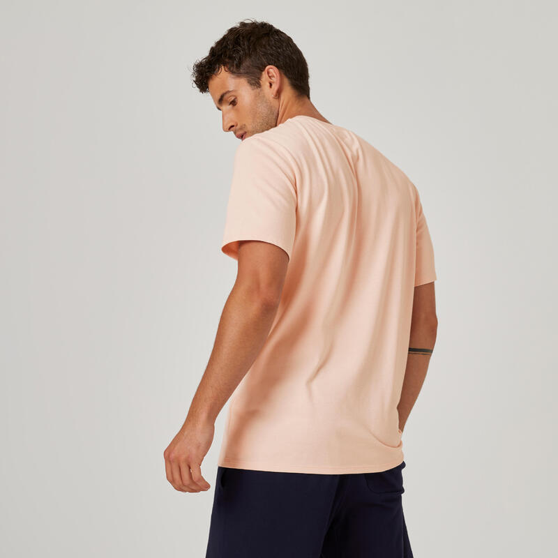 Fitnessshirt voor heren 500 korte mouwen recht model ronde hals katoen roze met print