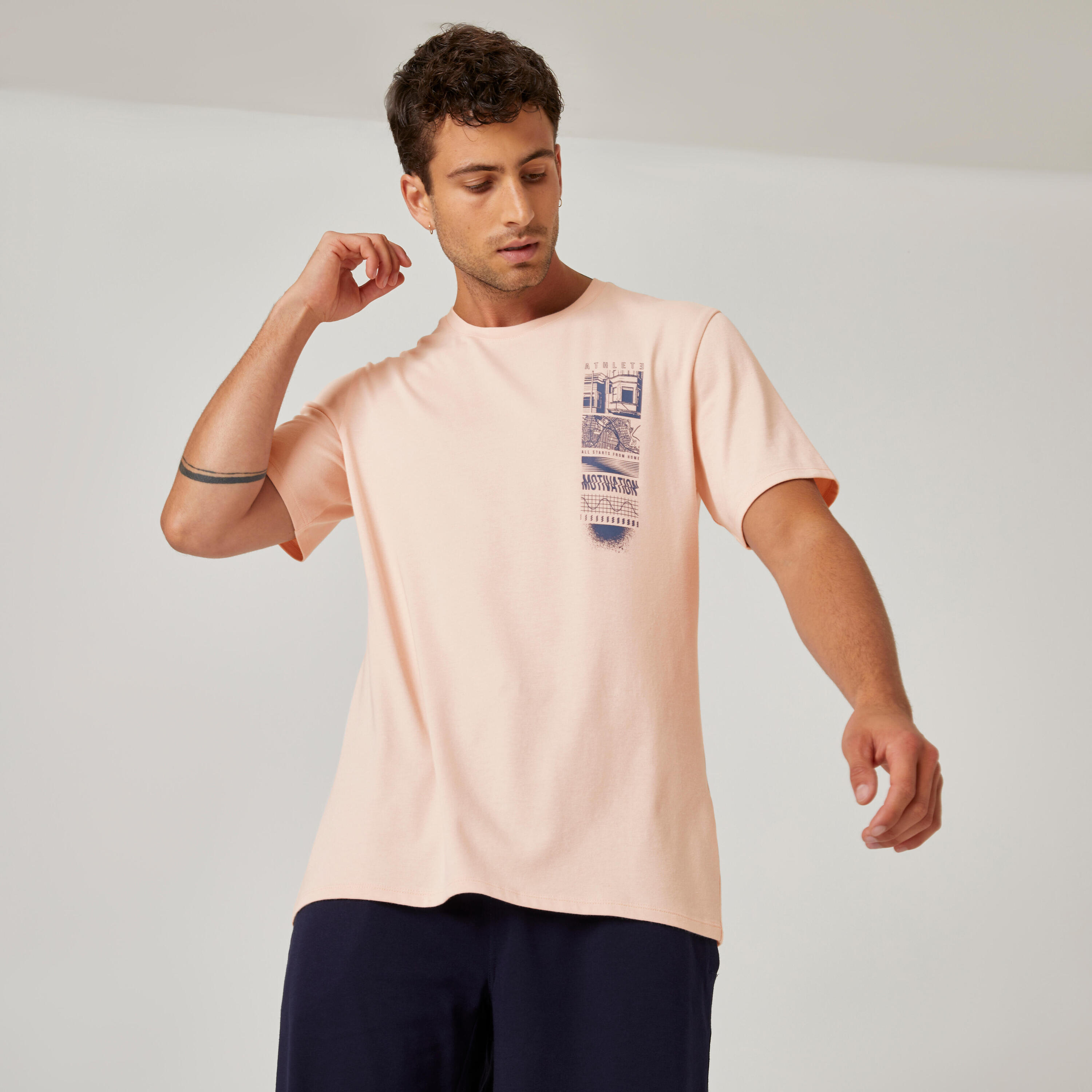 DOMYOS Men's Short-Sleeved Straight-Cut Crew Neck Cotton Fitness T-Shirt 500 - Pink Print