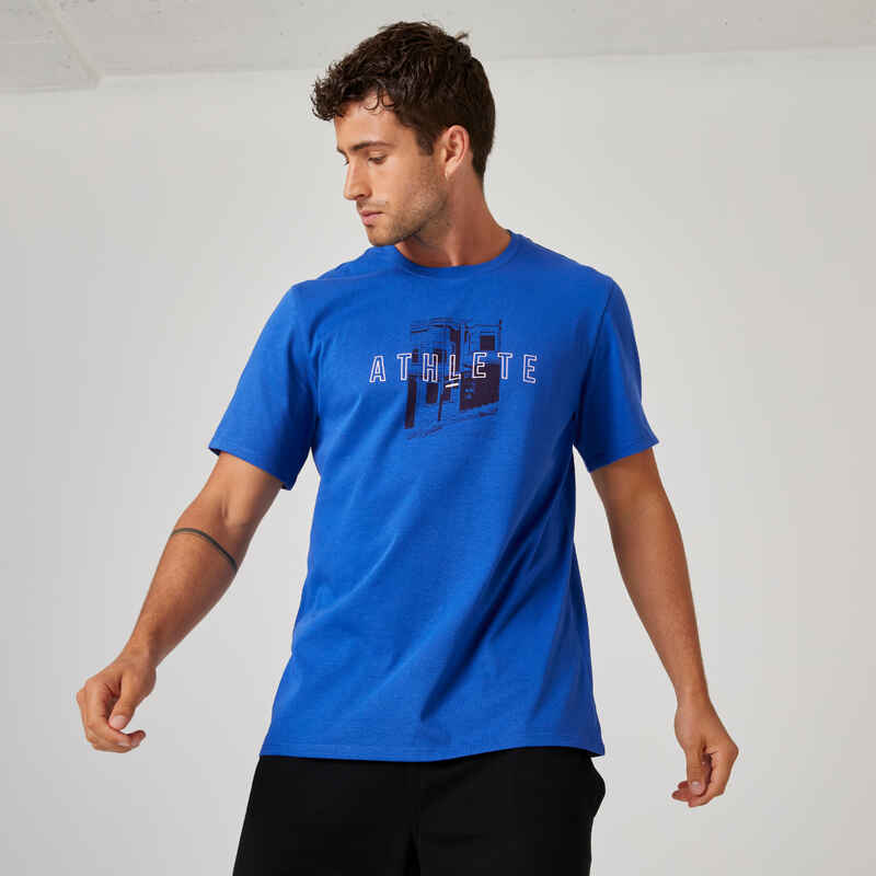 Men's Short-Sleeved Straight-Cut Crew Neck Cotton Fitness T-Shirt 500 - Ultramarine Blue