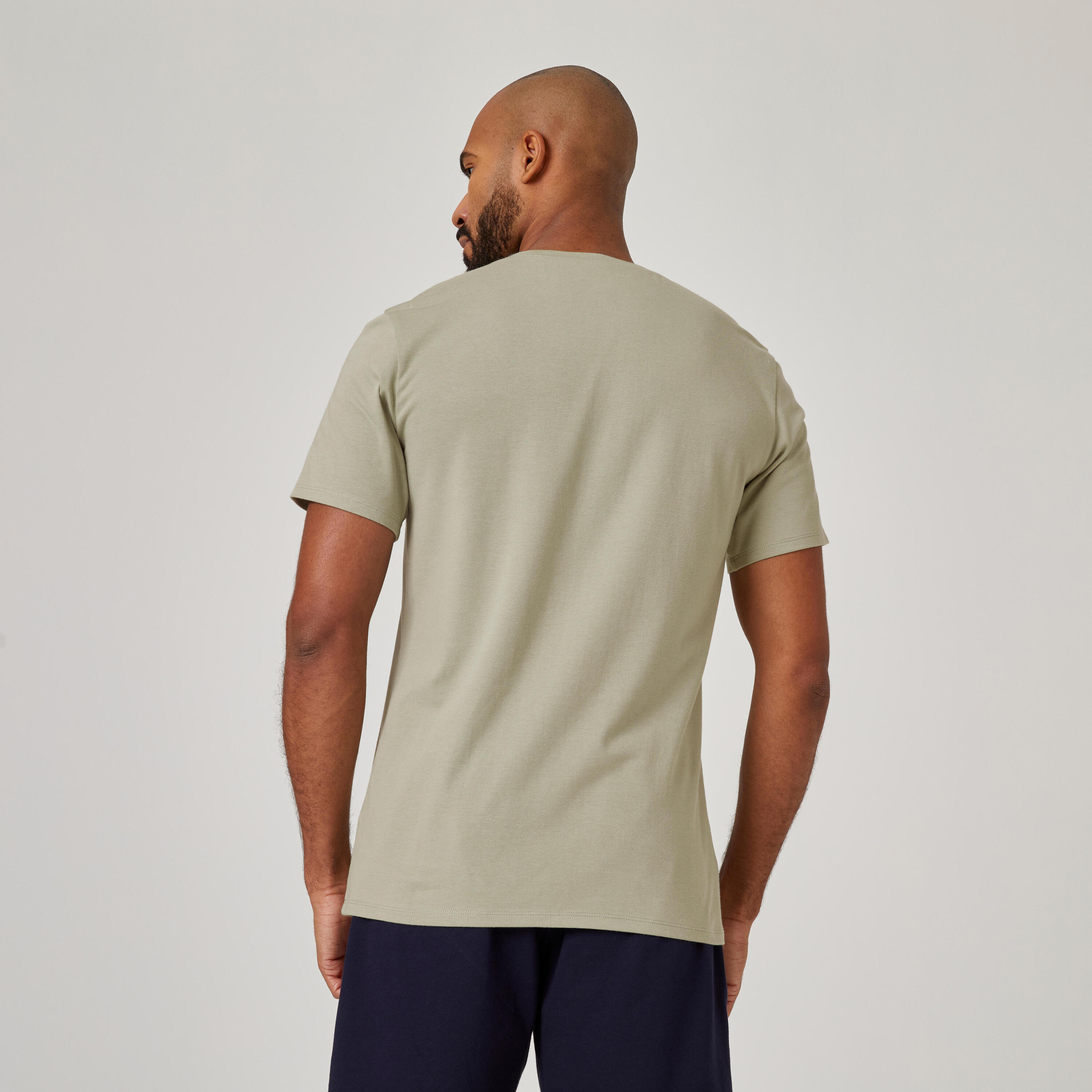 Men's Short-Sleeved Straight-Cut Crew Neck Cotton Fitness T-Shirt 500 - Sage Grey 2/6