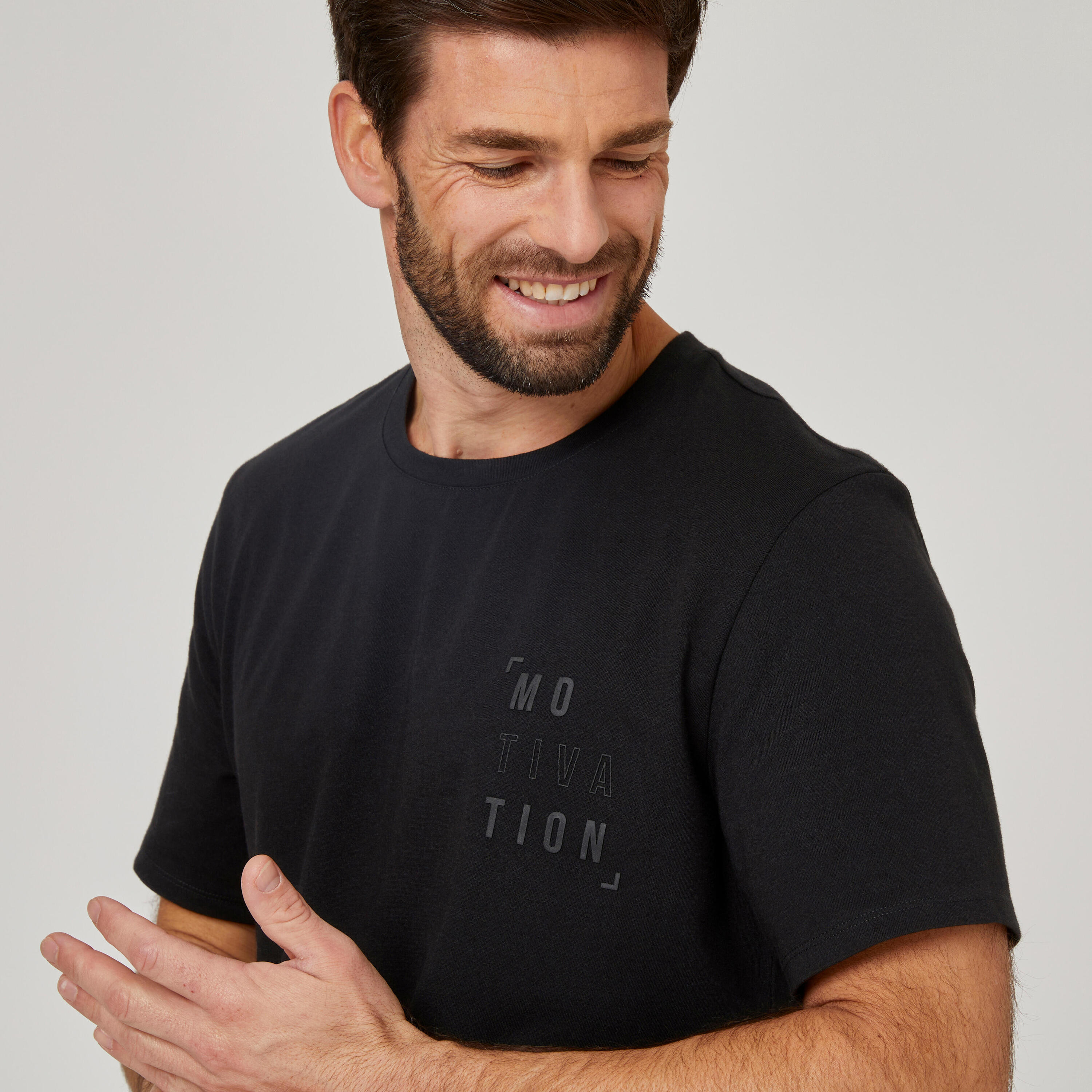 Men's Short-Sleeved Straight-Cut Crew Neck Cotton Fitness T-Shirt 500 - Black and Print 4/6