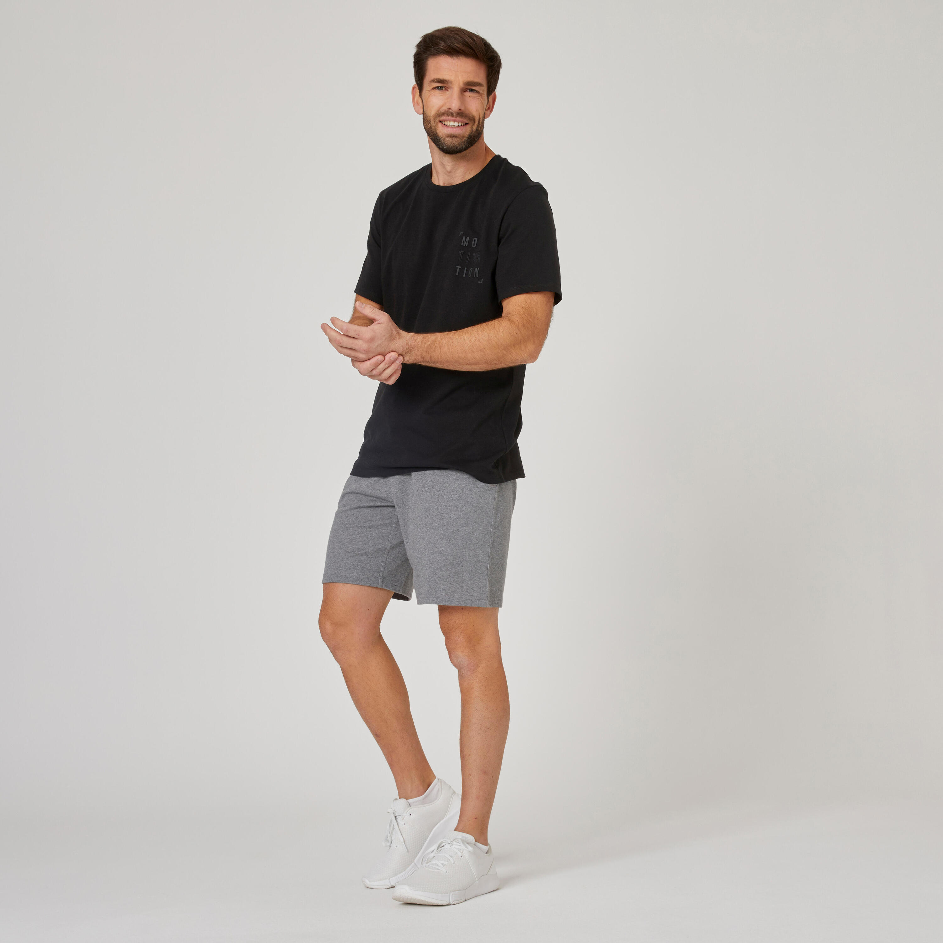 Men's Short-Sleeved Straight-Cut Crew Neck Cotton Fitness T-Shirt 500 - Black and Print 3/6